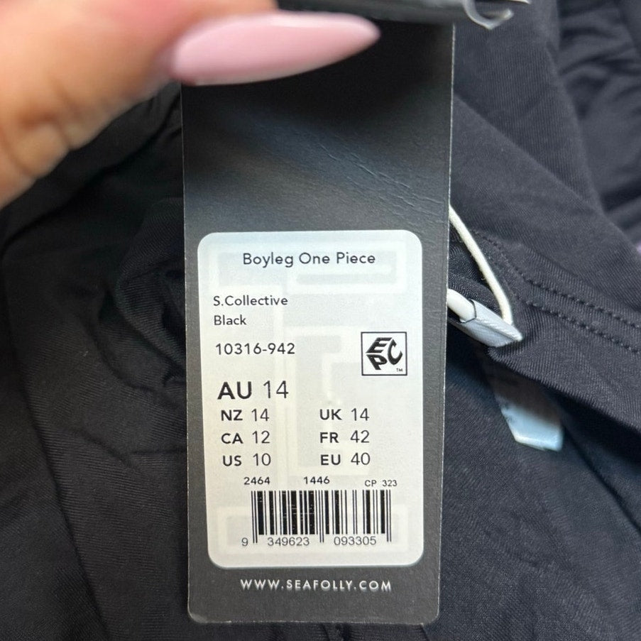 SEAFOLLY COLLECTIVE Women's Boyleg One Piece Swimsuit Size 10 Black Halter NWT
