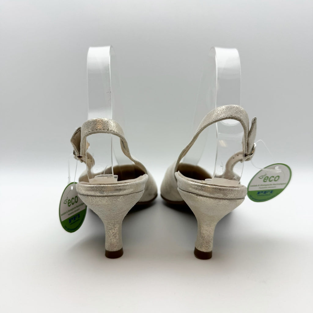Paul Green Womens Rio Heels US 6.5 M Silver Metallic Leather Ankle Strap NIB