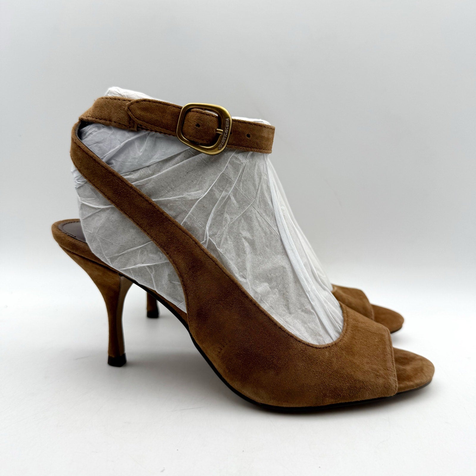 Vince Camuto Womens Pavles Ankle Strap Heeled Sandals US 6.5 M Brown Suede NIB