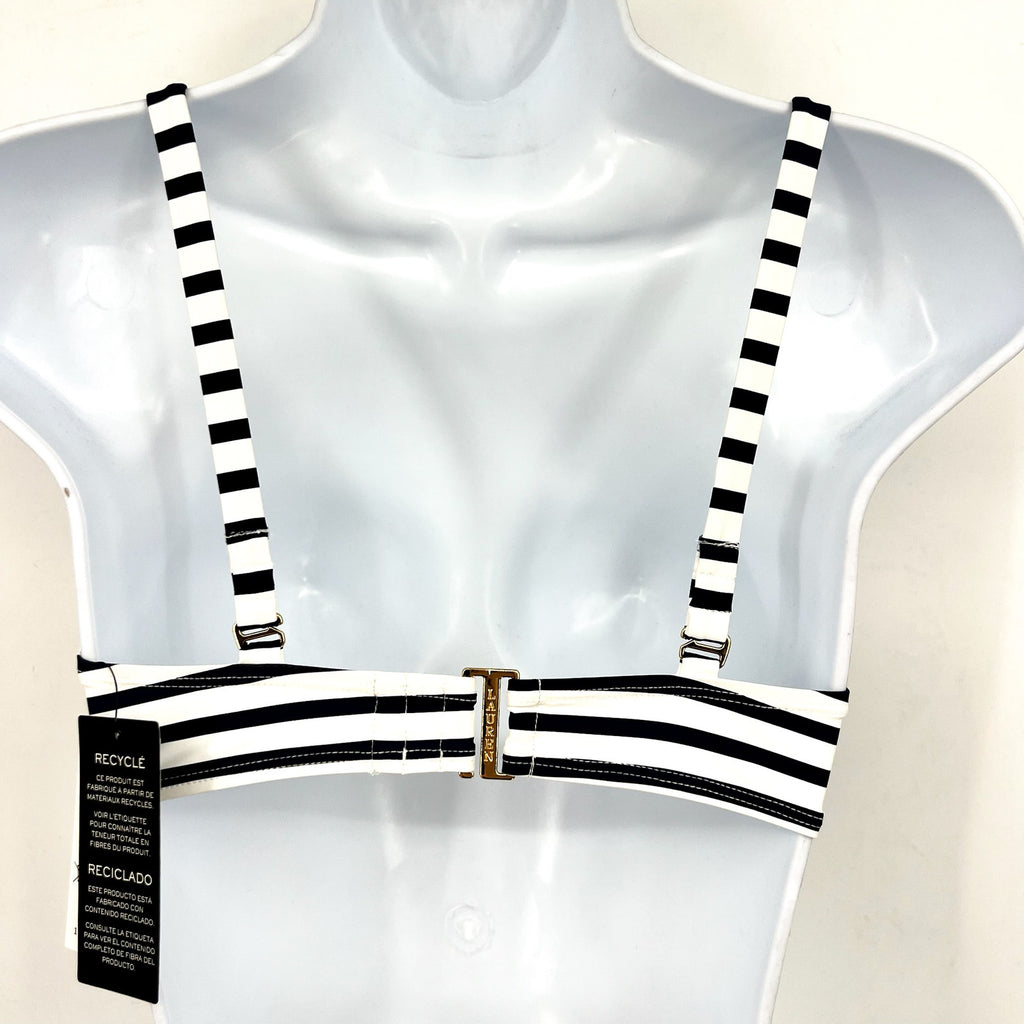 LAUREN RALPH LAUREN Luxe Ring Front Bikini Top Size 8 Navy Blue White Stripe NWT