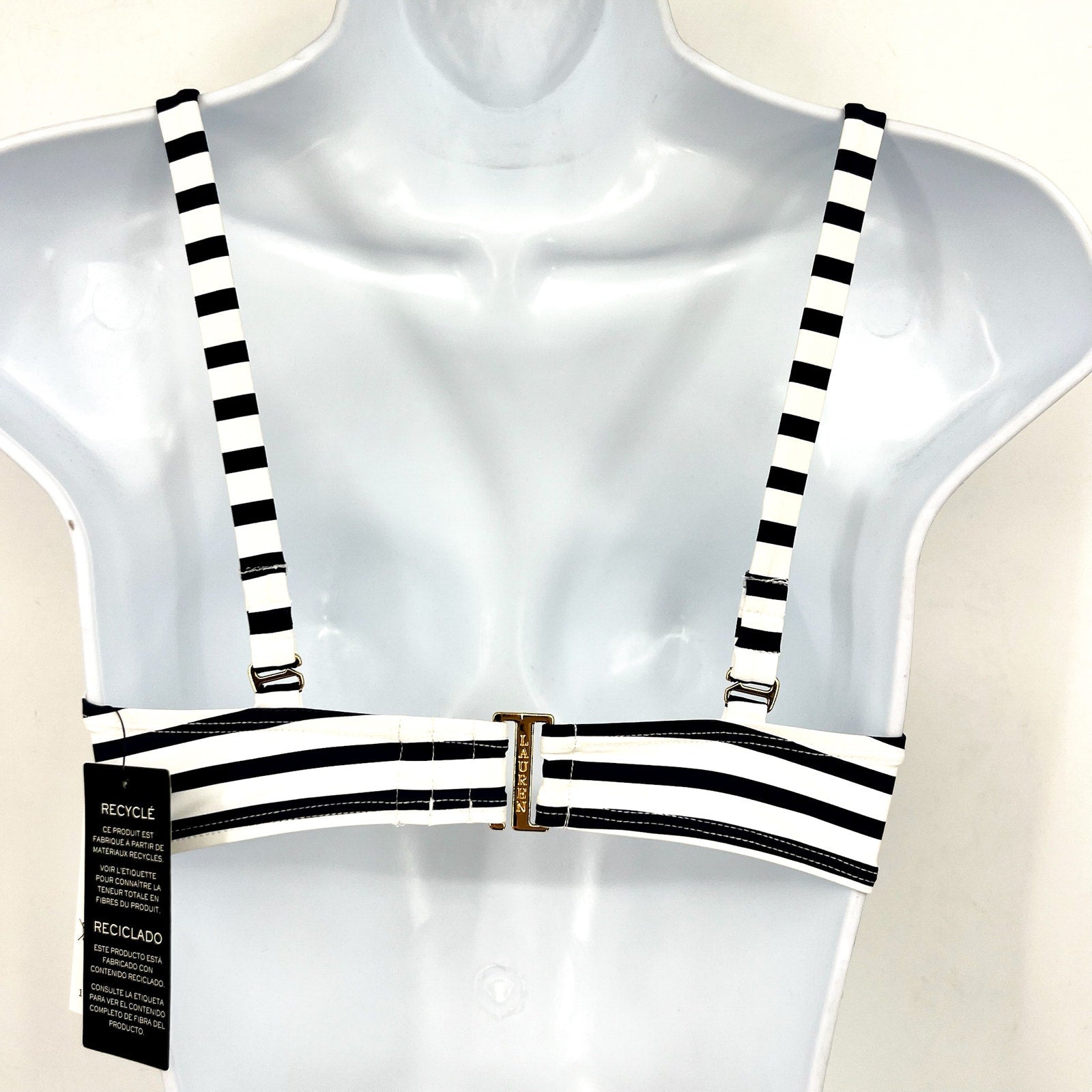 LAUREN RALPH LAUREN Luxe Ring Front Bikini Top Size 8 Navy Blue White Stripe NWT