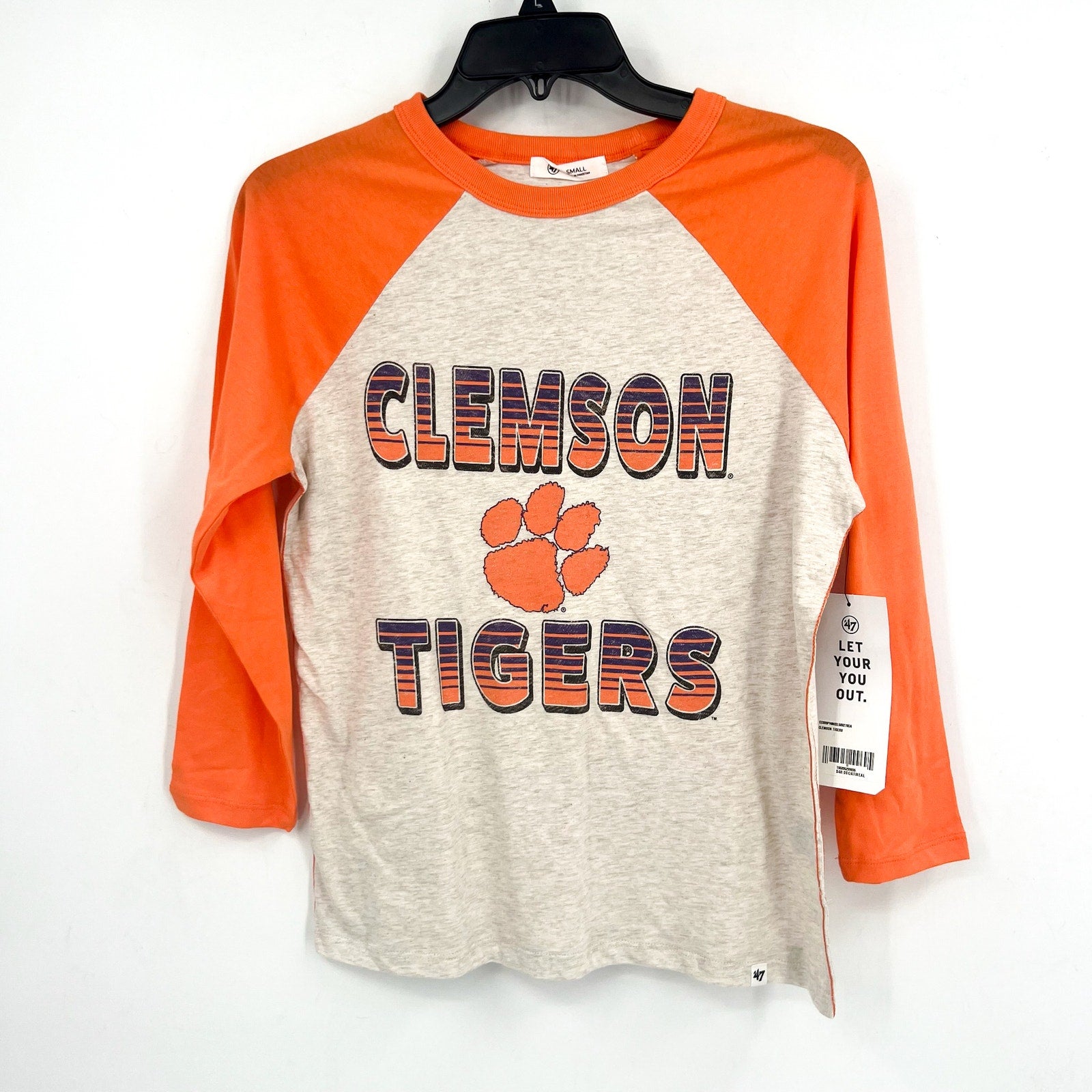 47 BRAND Womens Clemson Tigers TShirt Small Grey Orange Raglan Long Sleeve NWT