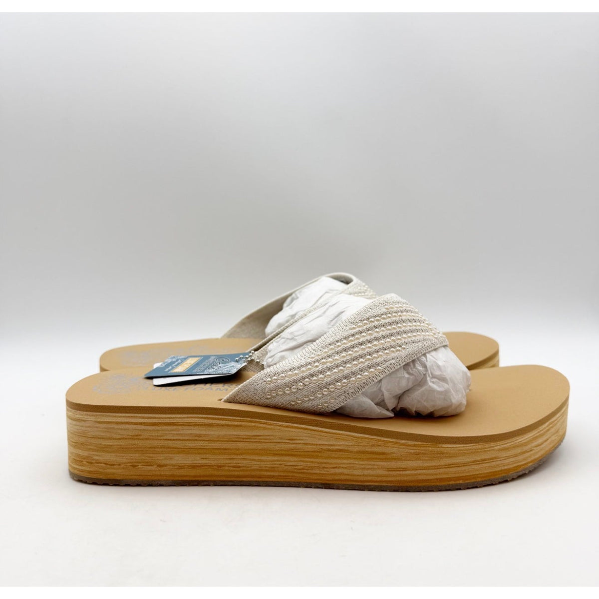 Skechers Women's Summers Mid Wedge Thong Sandals Size 10 EU 40 Off White Tan NIB