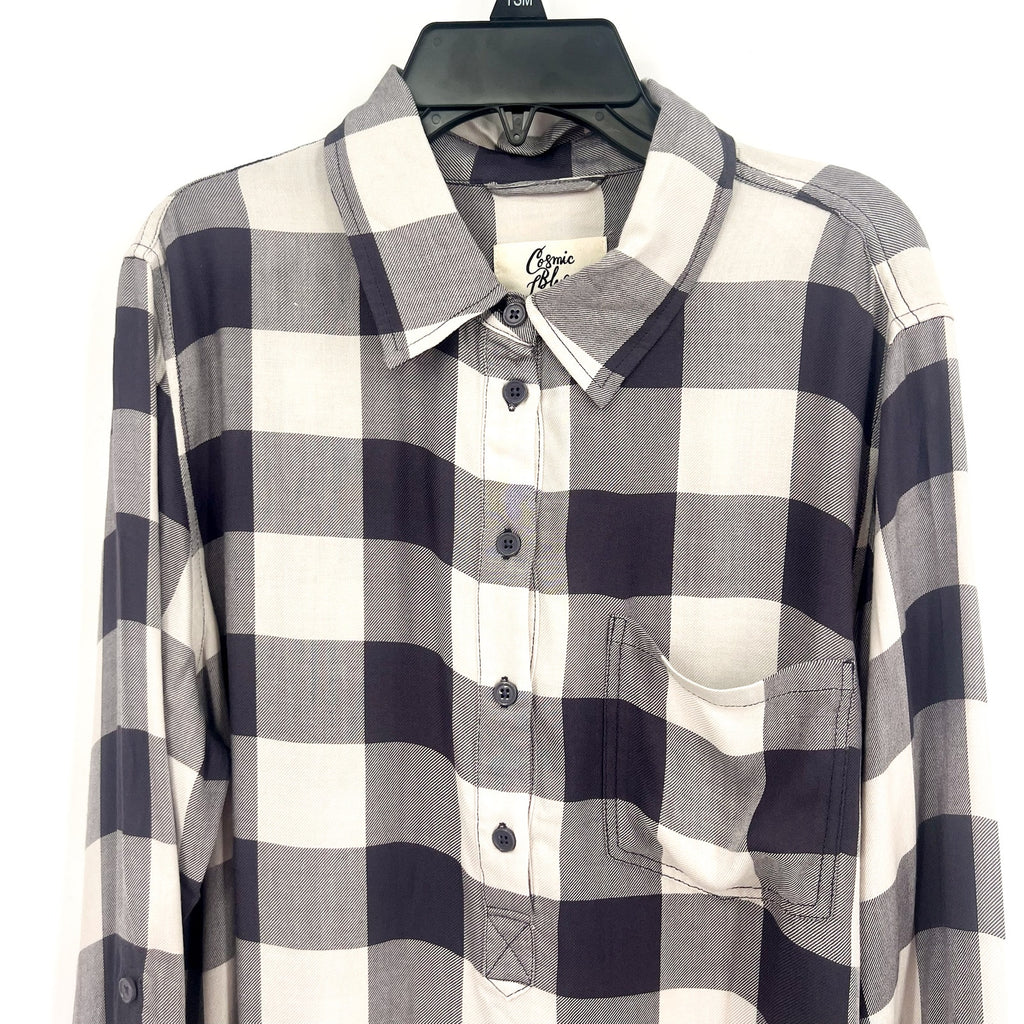 STITCH FIX COSMIC BLUE LOVE Popover Top Shirt Medium Grey White Check NWT