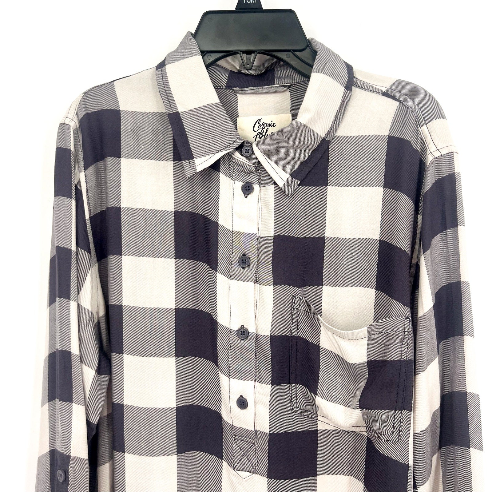 STITCH FIX COSMIC BLUE LOVE Popover Top Shirt Medium Grey White Check NWT
