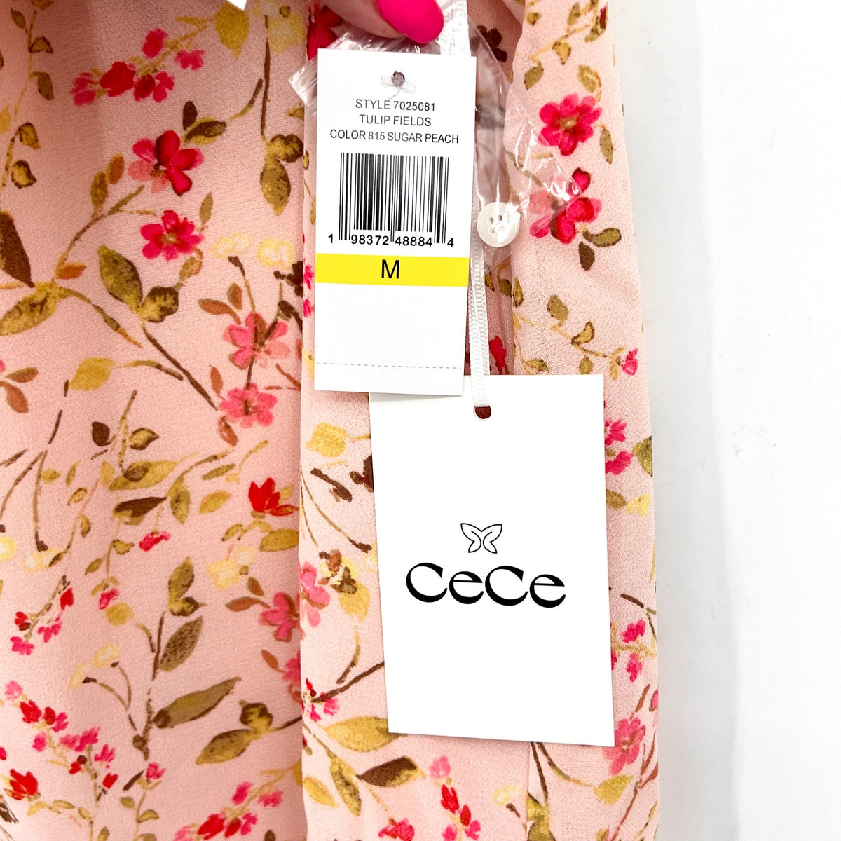 CECE Women's Placket Blouse Medium Pink Floral Double Flutter Short Sleeves NWT