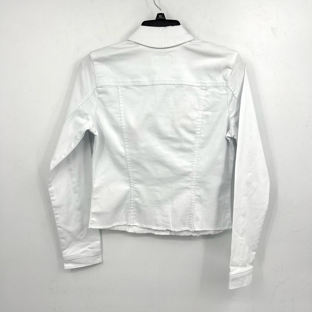 KUT FROM THE KLOTH Kara Frayed Denim Trucker Jacket Small Optic White NWOT