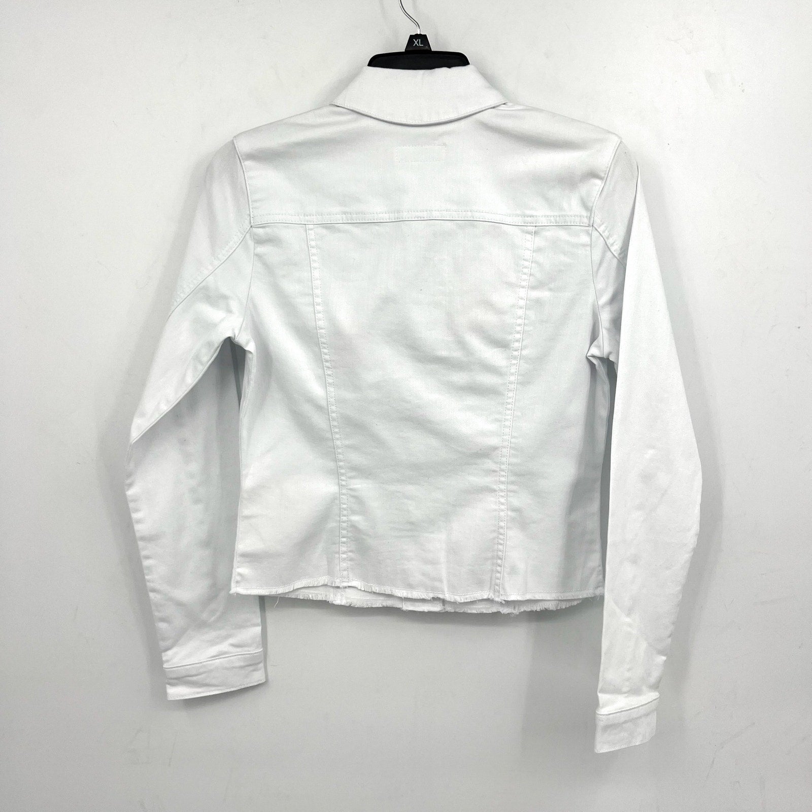 KUT FROM THE KLOTH Kara Frayed Denim Trucker Jacket Small Optic White NWOT