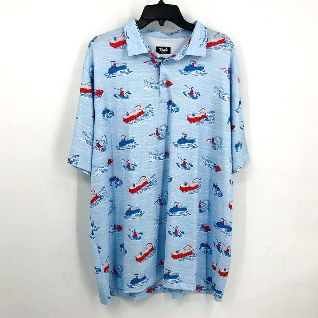 WAGGLE Mens Lake Life Golf Polo Shirt 2XL XXL Blue Print Short Sleeve NWT