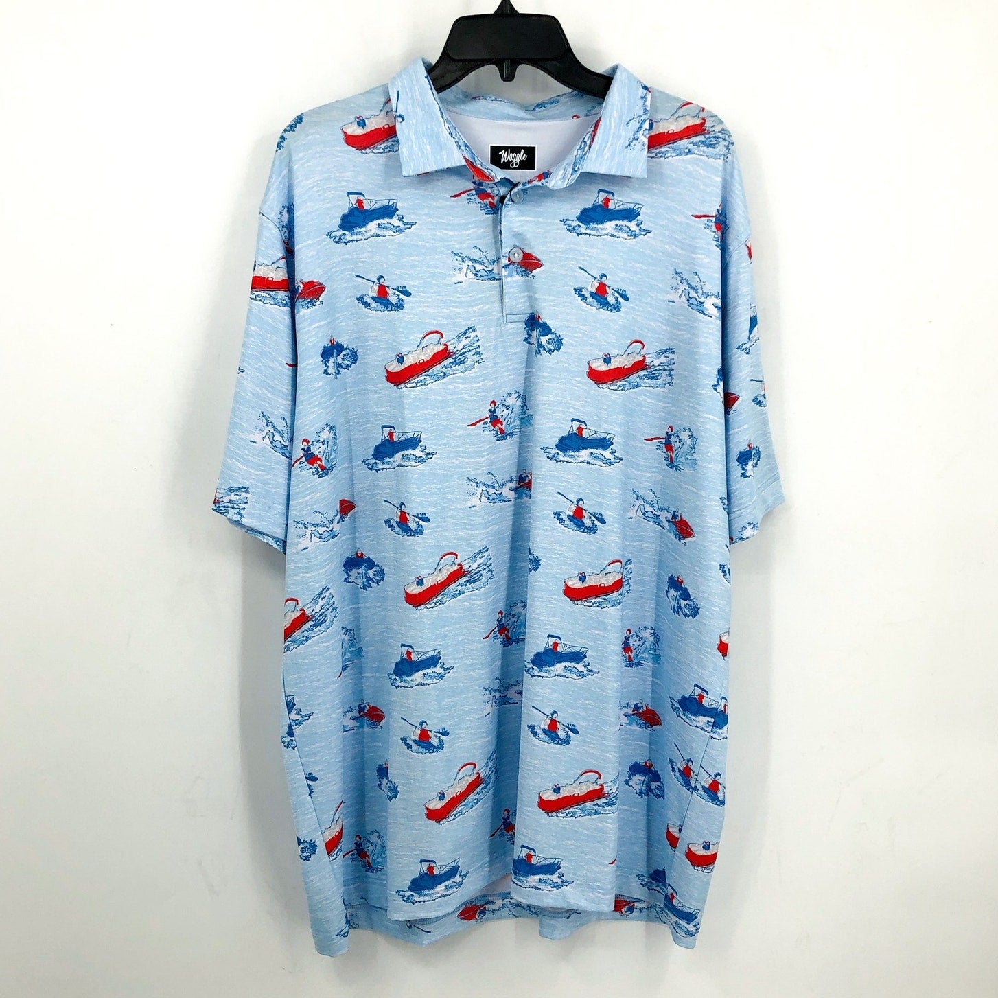 WAGGLE Mens Lake Life Golf Polo Shirt 2XL XXL Blue Print Short Sleeve NWT