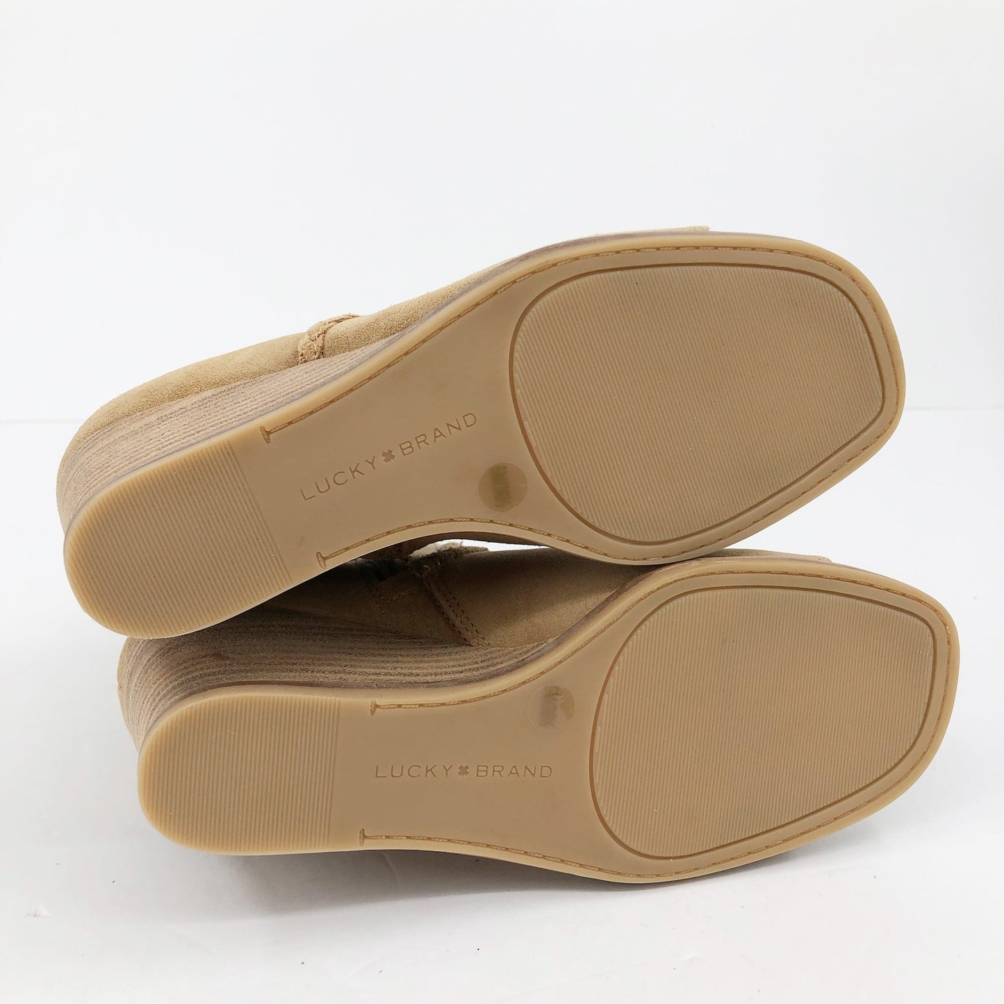 LUCKY BRAND Women's Suede Lureli Wedge Booties Size 6 Tan Peep Toe NWOB