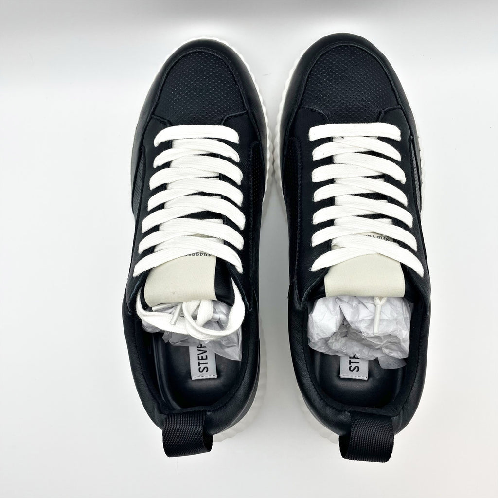 Steve Madden Womens Shock Casual Sneaker US 7.5 M Black Leather Lace-Up NIB