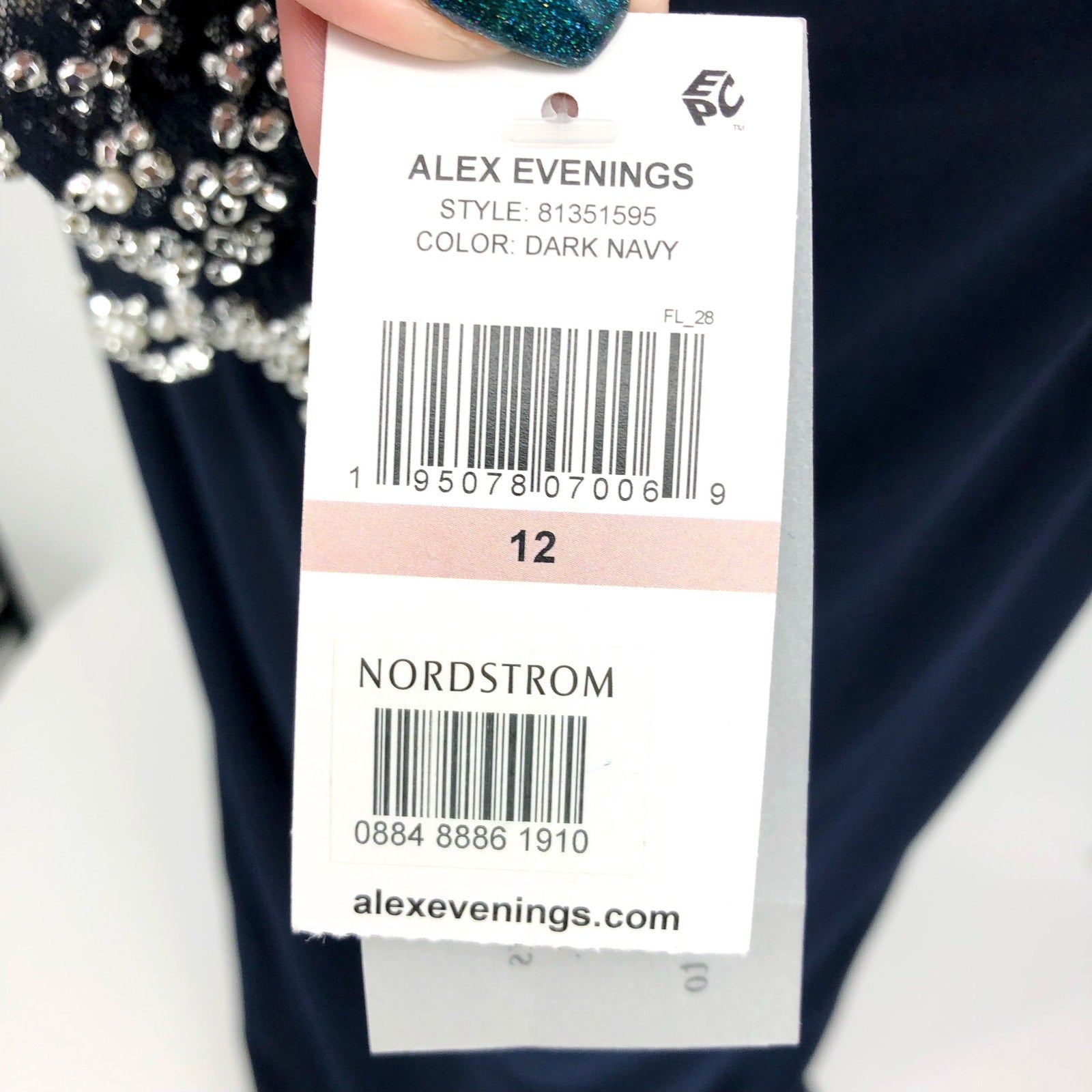 ALEX EVEININGS Embellished Illusion Dress Size 12 Dark Navy Blue Jersey NWT