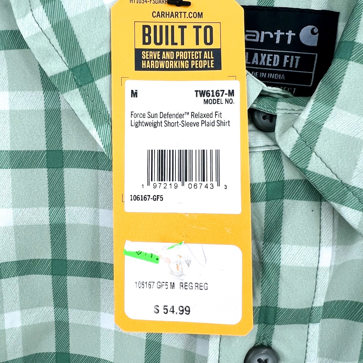 CARHARTT Force Sun Defender SS Shirt Work Medium Green Plaid Relaxed Fit NWT