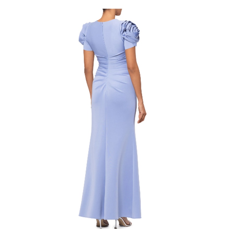XSCAPE Rosette Ruched Sheath Gown Size 12 Sky Blue Short Sleeve Floral 4721X NWT