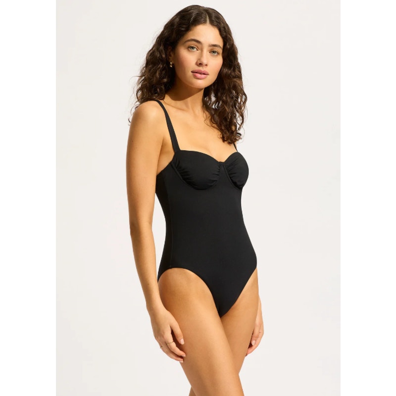 SEAFOLLY Women's Underwire One Piece Swimsuit Size 12 Black Ruched NWT