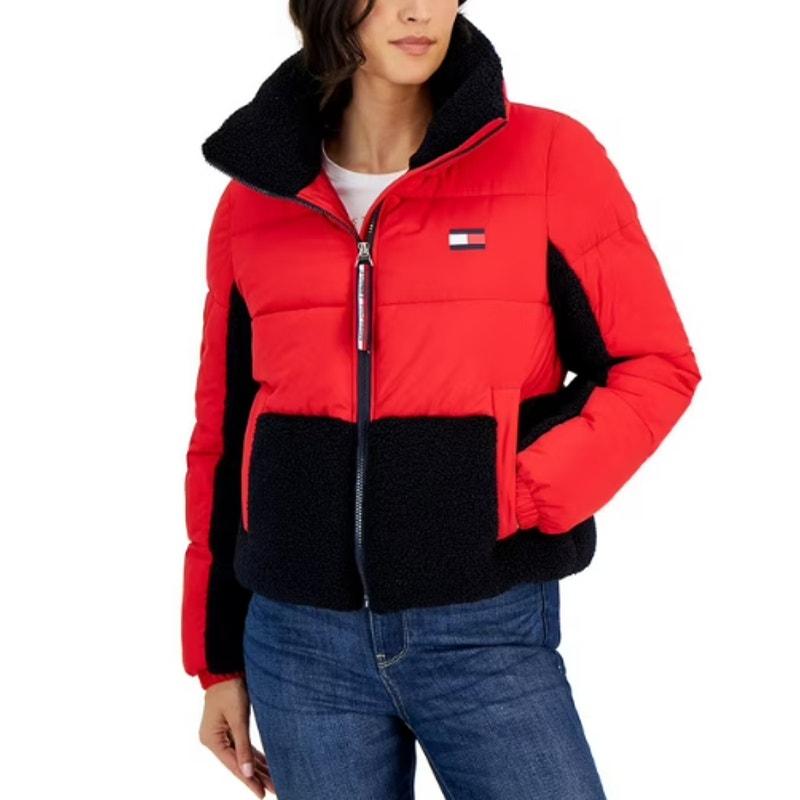 TOMMY HILFIGER Womens Colorblock Puffer Jacket XL Red Black Faux Fur Trim NWT