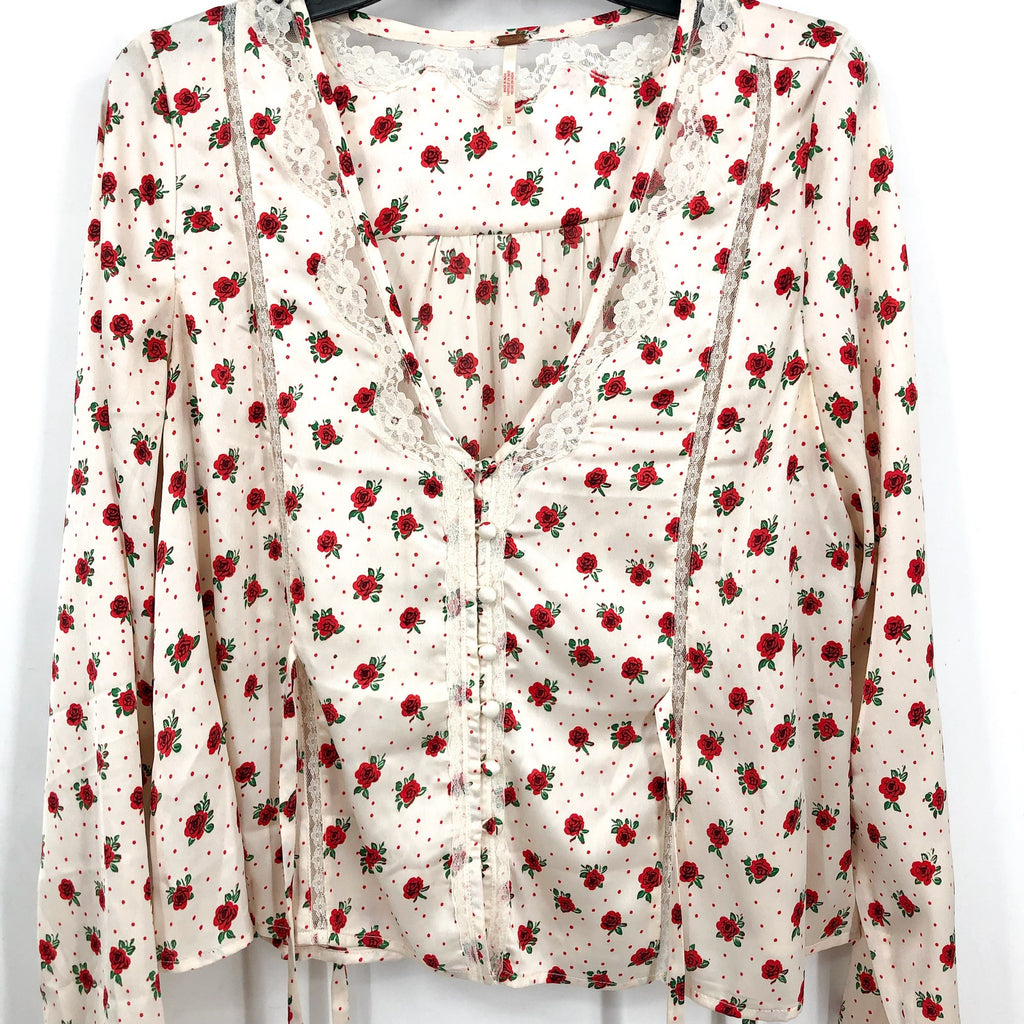 FREE PEOPLE Women's Field of Roses Top Medium Cream Red Long Sleeve NWOT