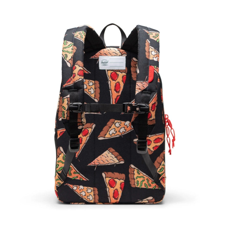 HERSCHEL HERITAGE Youth Backpack 26L Black Pizze Party Wipeable Adjustable NWT