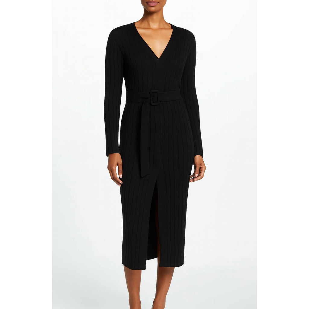 STITCHDROP Women's Tied To You Belted Midi Sweater Dress Medium Black NWT