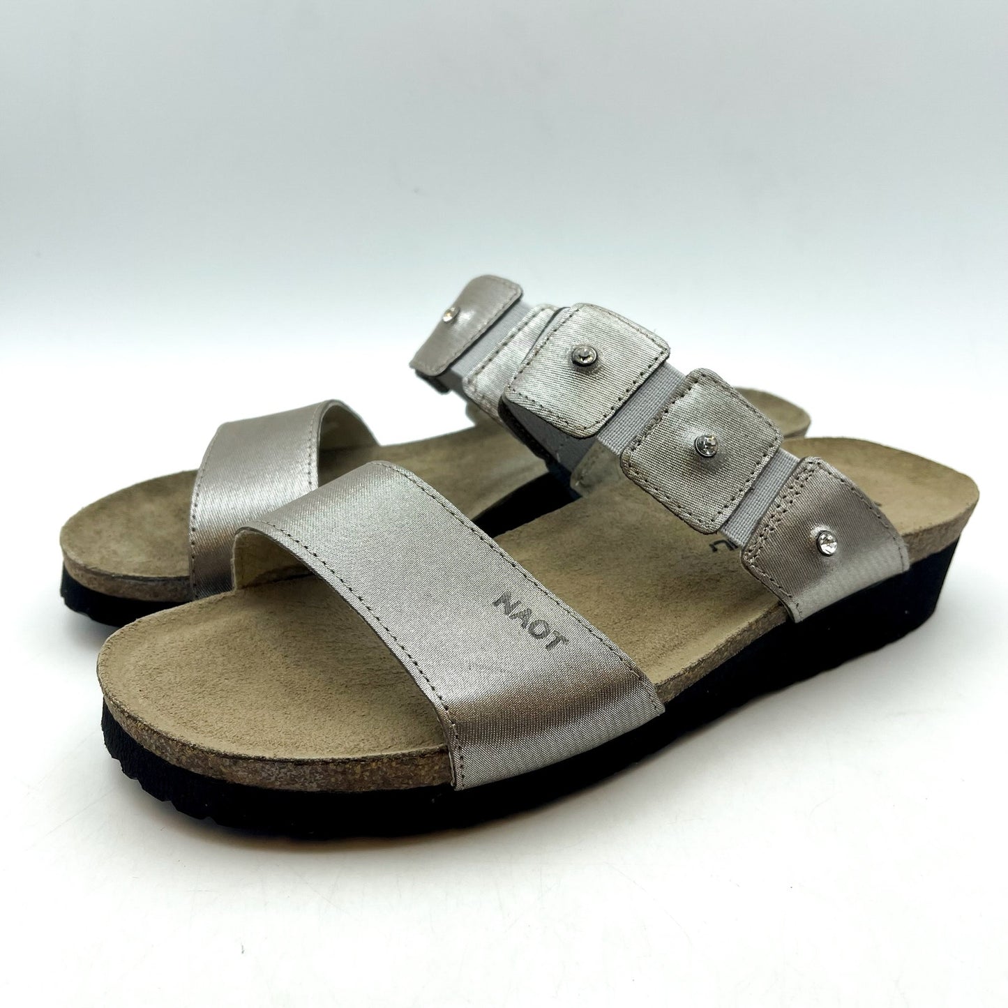 NAOT Womens Ashley Wedge Sandals EU 39 US 8 Silver Leather Rhinestone NWOB