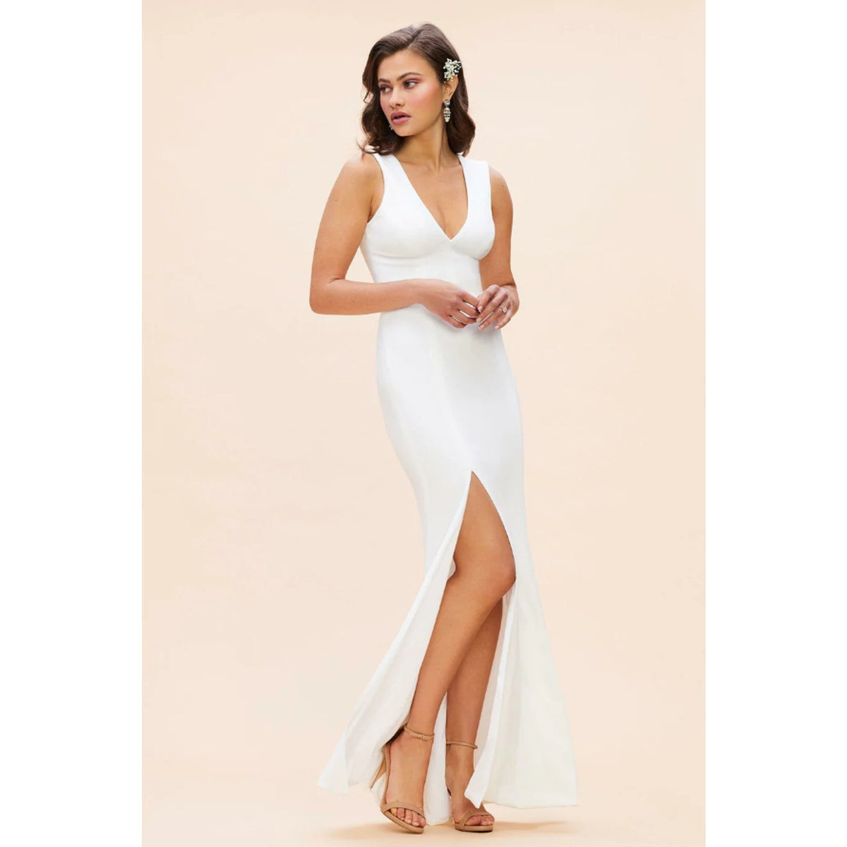DRESS THE POPULATION Sandra Trumpet Gown Dress Small White Stretch Crepe NWT