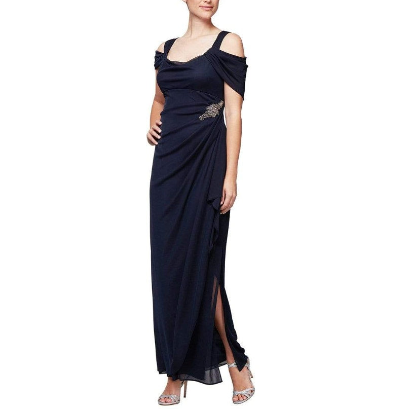 ALEX EVENINGS 132902 Grecian Gown Size 6 Navy Blue Jewel Accent NWT