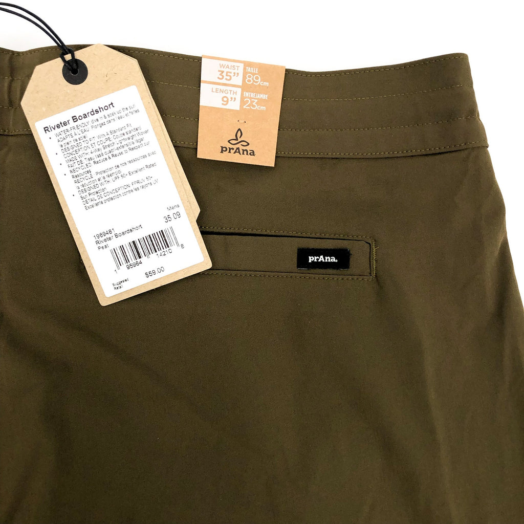 PRANA Men's Riveter Board Shorts Size 35 Peat Green 9" Inseam UPF 50+ NWT