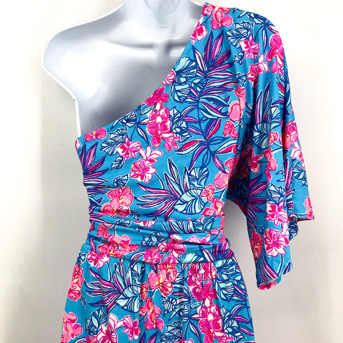 LILLY PULITZER Niki One Shoulder Romper Size 16 Cumulus Blue Orchid Oasis NWT