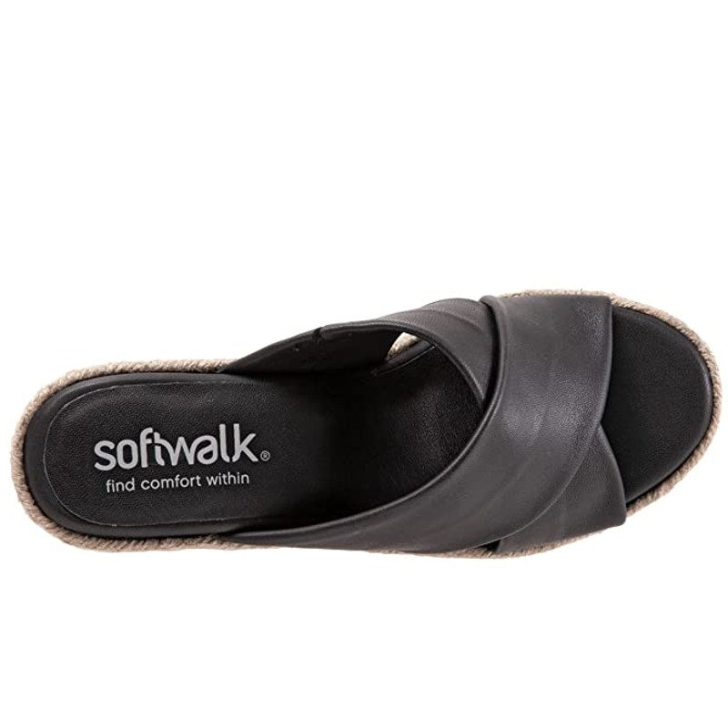 SoftWalk Womens Halsey Wedge Sandal Size 7.5 NARROW Black Leather Espadrille NIB