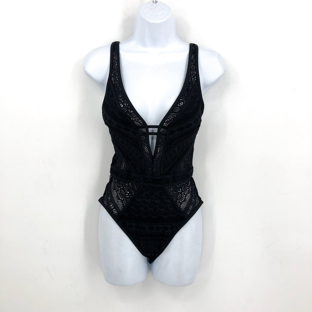 BECCA Womens Color Play Crochet Plunge One Piece Swimsuit Large Black NWT