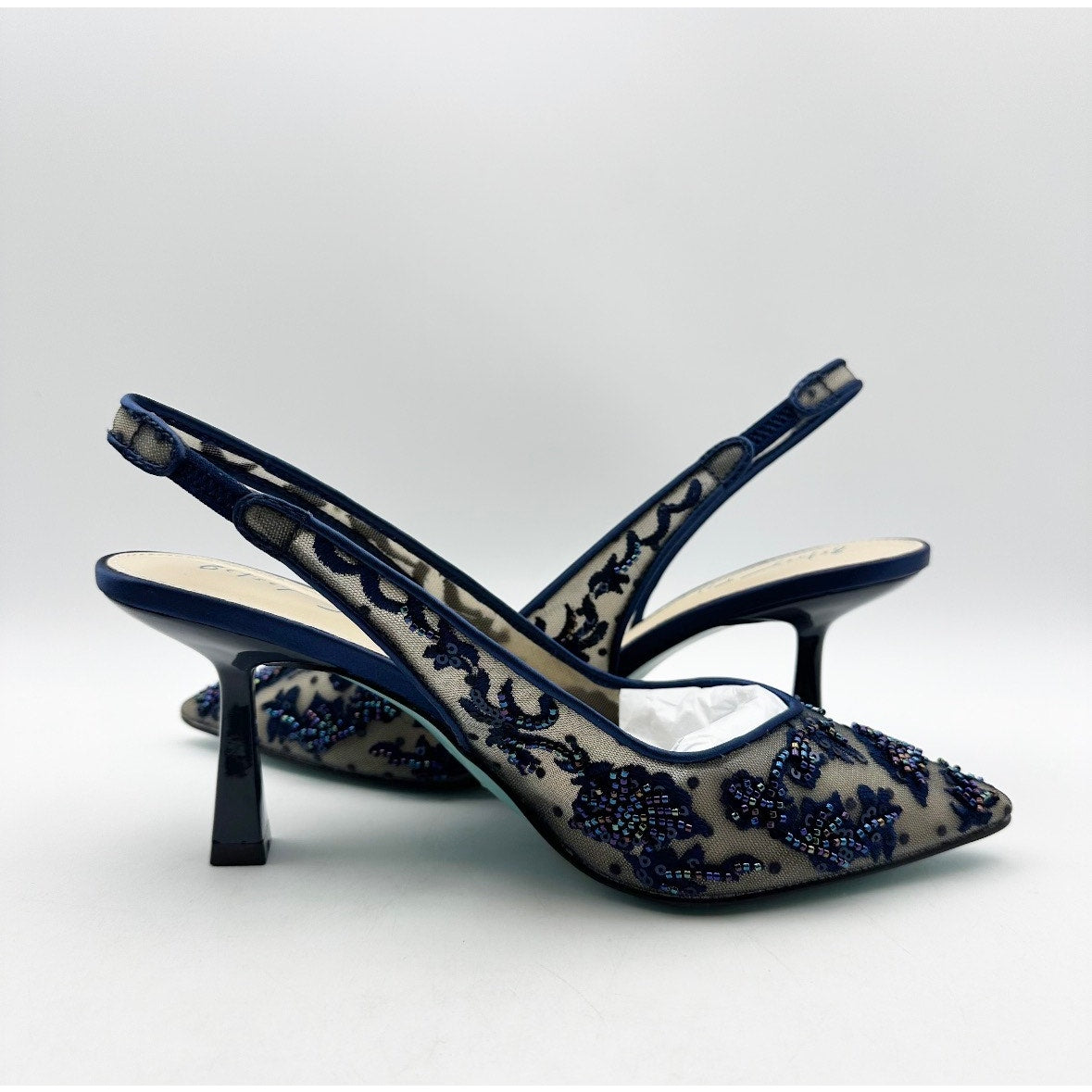 Blue Betsey Johnson Womens Nikki High Heels Size 7 Navy Blue Lace Sling Back NIB