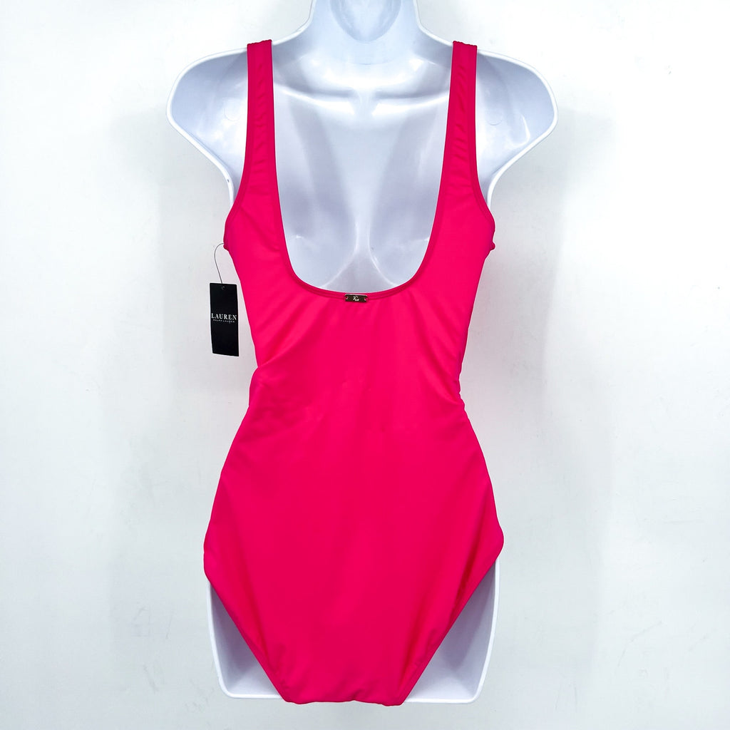 LAUREN RALPH LAUREN Over The Shoulder One Piece Swimsuit Size 12 Pink Ring NWT