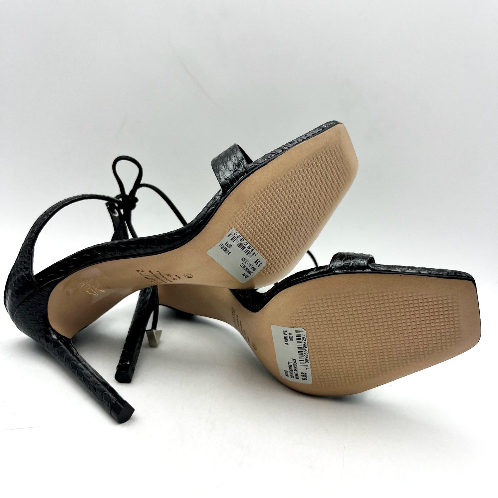 SCHUTZ Womens Mavis Heel Sandals Size 5.5 B Black Snake Shine Leather NIB