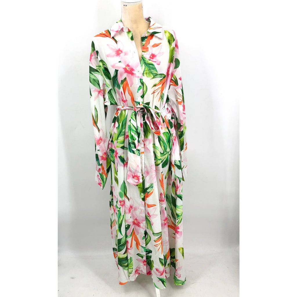 LAUREN RALPH LAUREN Tropical Floral Voile Shirtdress XL White Multi NWOT