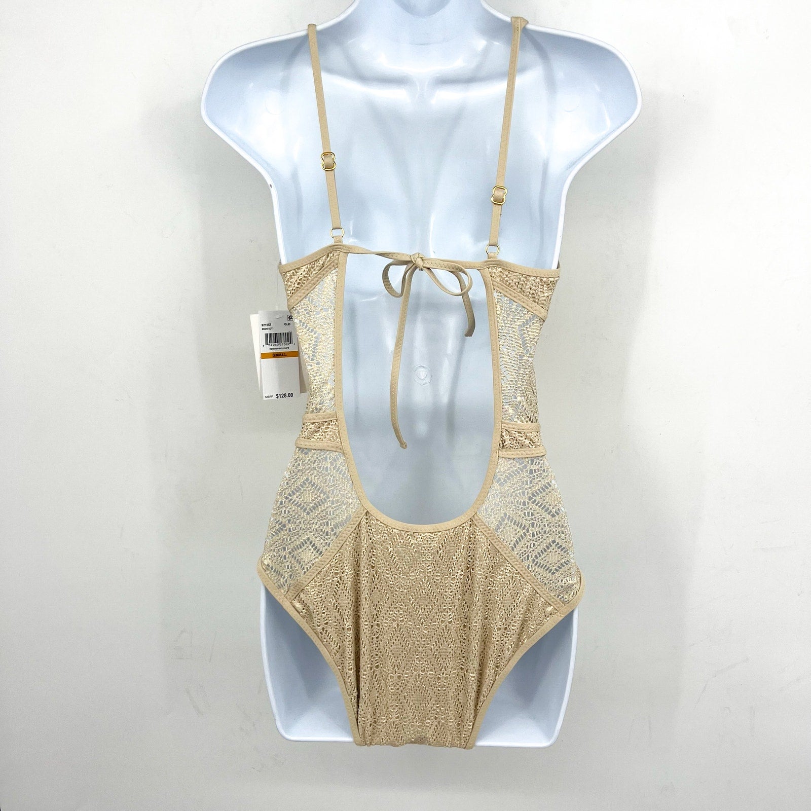 BECCA Women's Polished Crochet Plunge One Piece Swimsuit Small Gold NWT