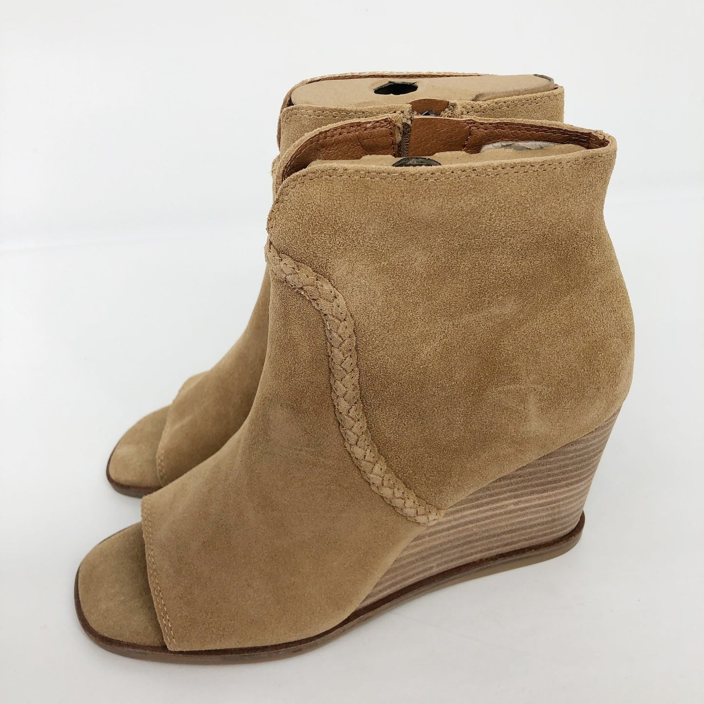 LUCKY BRAND Women's Suede Lureli Wedge Booties Size 6 Tan Peep Toe NWOB