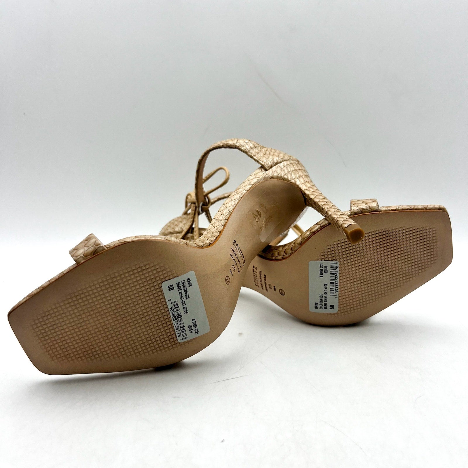 SCHUTZ Womens Mavis Heel Sandals Size 5 B Snake Shine Light Nude Leather NIB