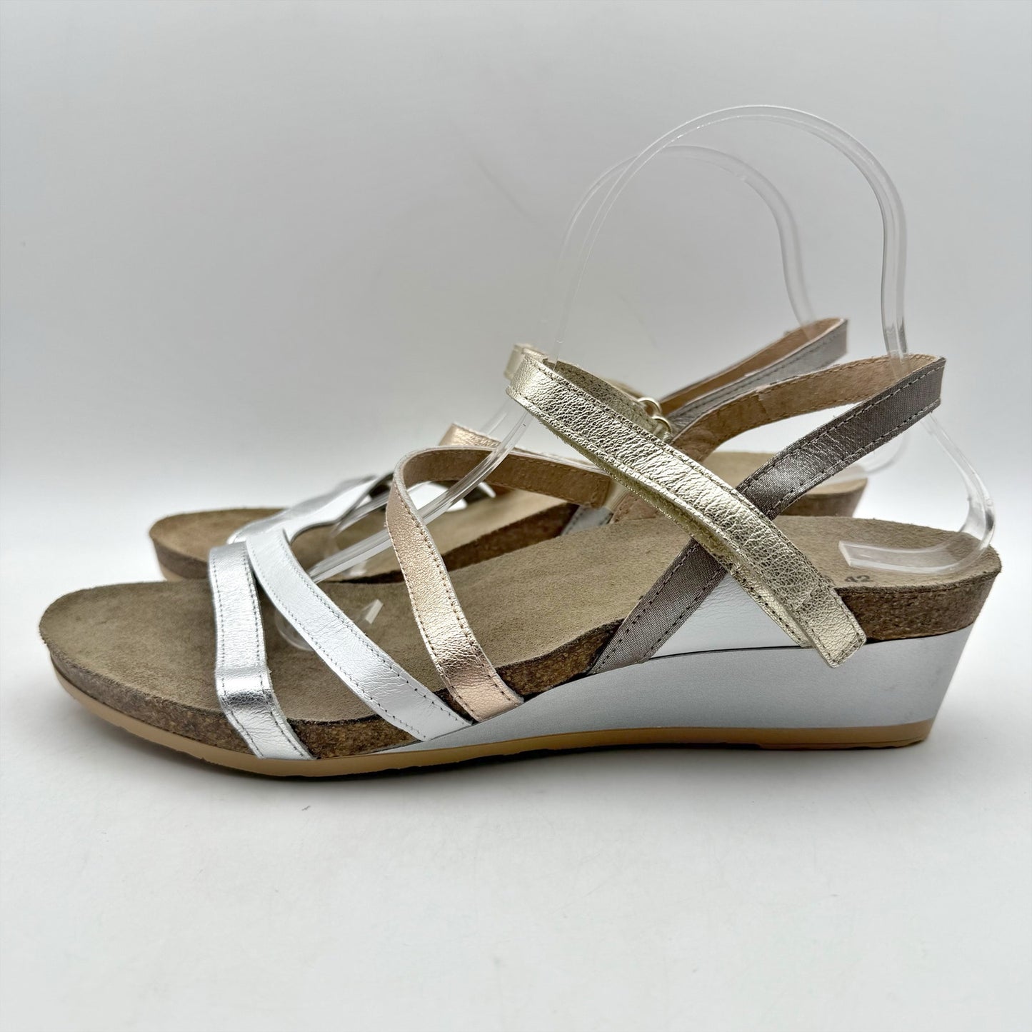 Naot Womens Hero Wedge Sandal US 11 EU 42 Silver Hook Loop Closure Leather NWOB