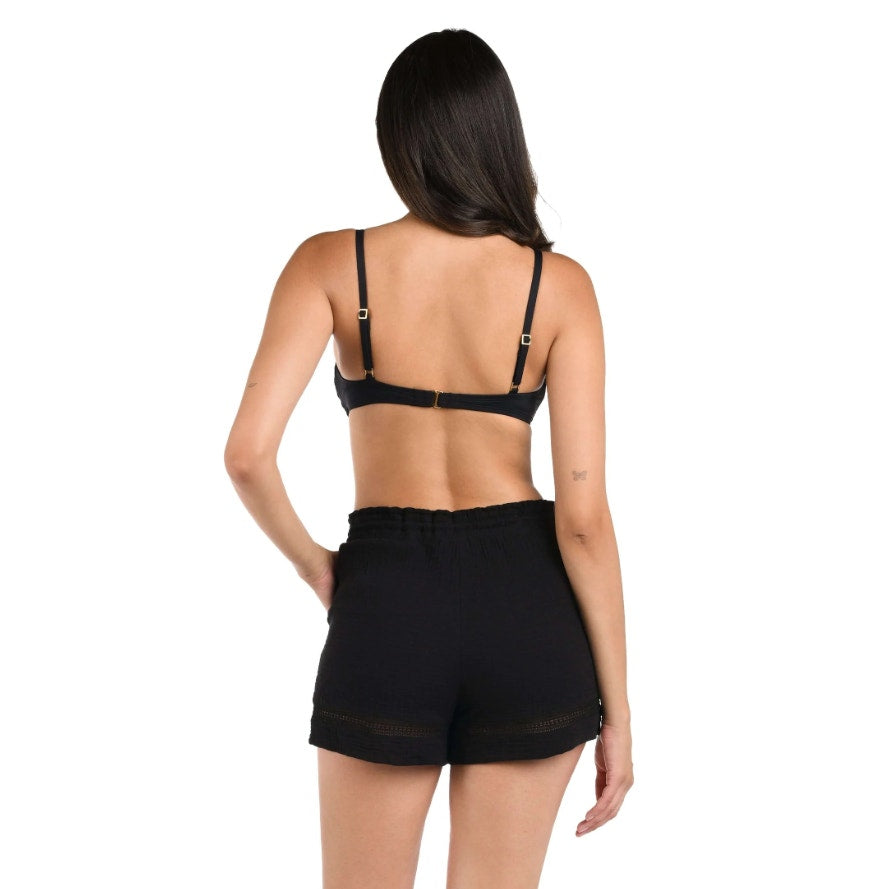 LA BLANCA Womens Seaside Coverup Beach Shorts Large Black Gauze Drawstring NWT