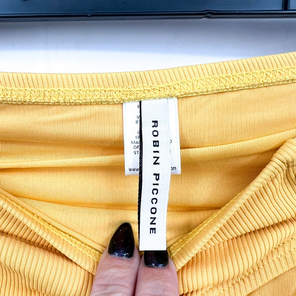 ROBIN PICCONE Women's Amy Tab Side Bikini Bottom Medium Yellow Yolk Ribbed NWT