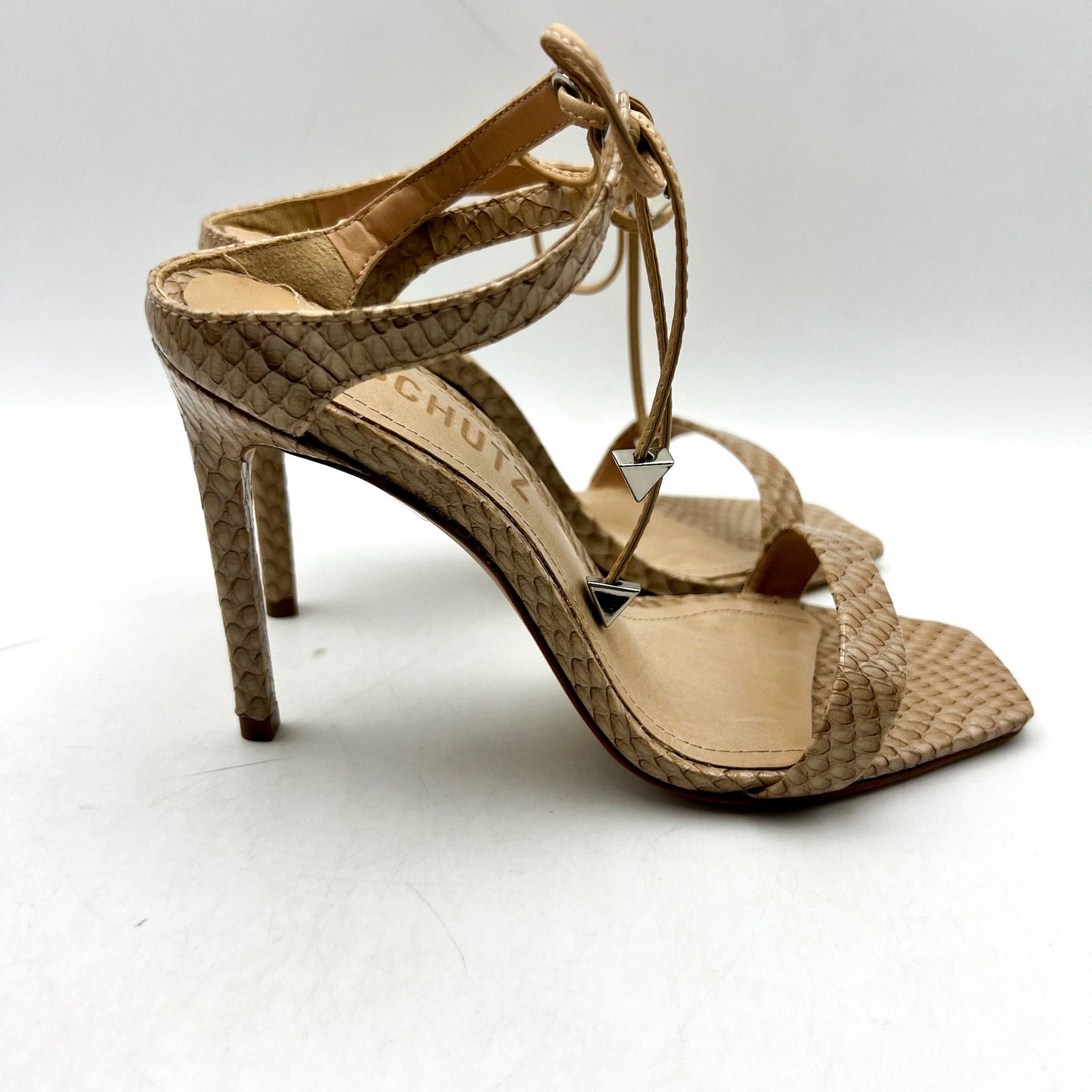 SCHUTZ Womens Mavis Heel Sandals Size 5 B Snake Shine Light Nude Leather NIB