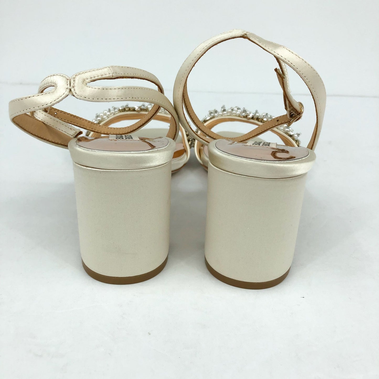 Badgley Mischka Womens Marsha Satin Heels US 9 Ivory Sandals Rhinestone NWOB