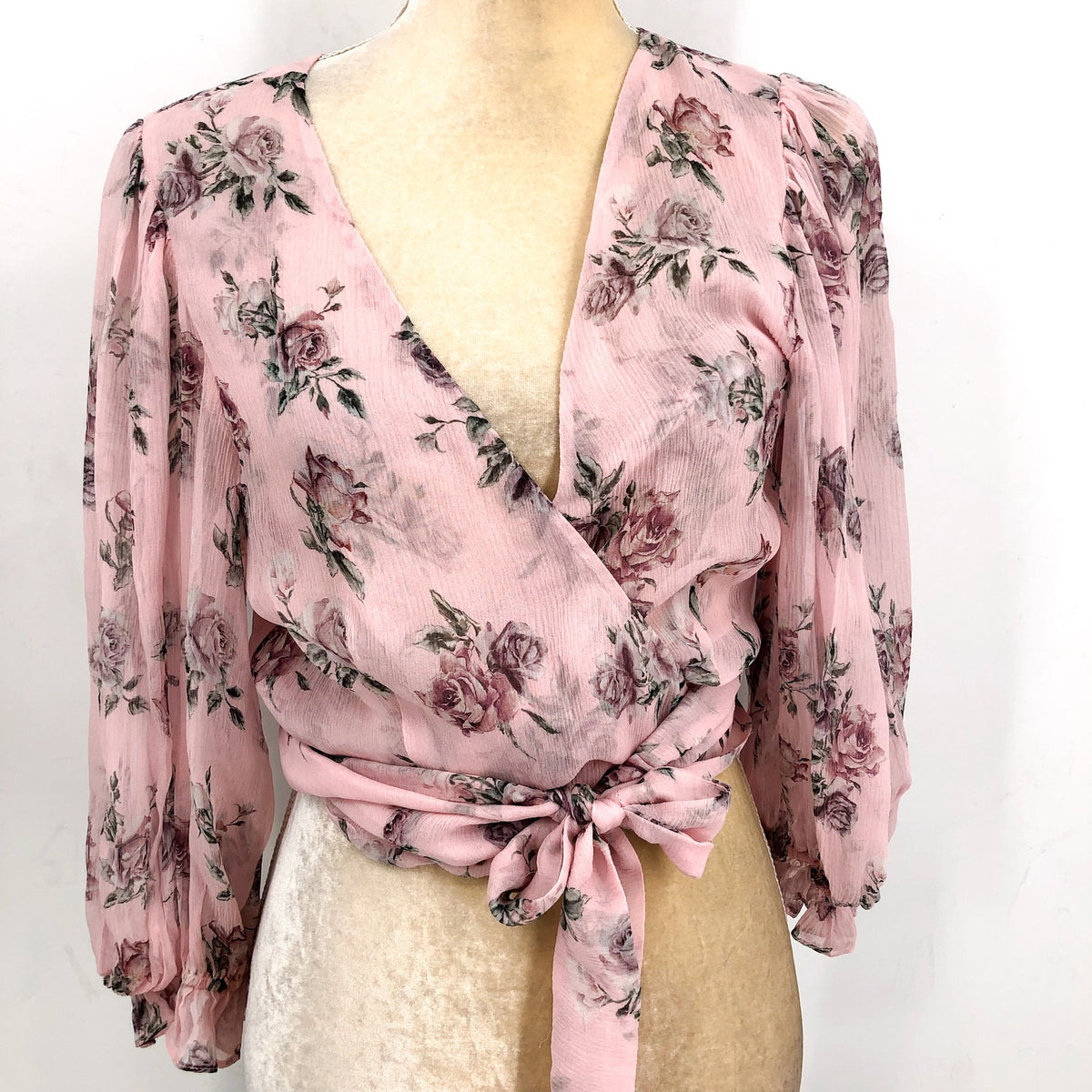 LOVE SHACK FANCY Domino Wrap Top Large Pink Dream Floral Silk Long Sleeve NWOT