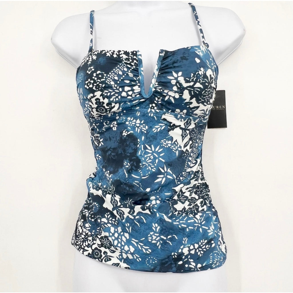 LAUREN RAPLH LAUREN Women's Patchwork Tankini Top Size 8 Blue Indigo NWT