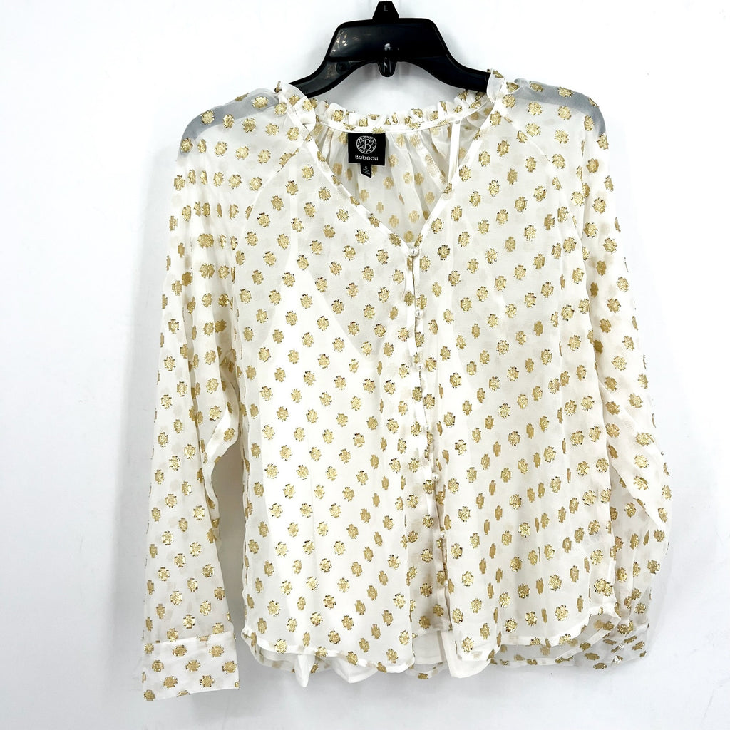 BOBEAU STITCH FIX Womens Metallic Print Blouse Small White Gold Dots Top NWOT