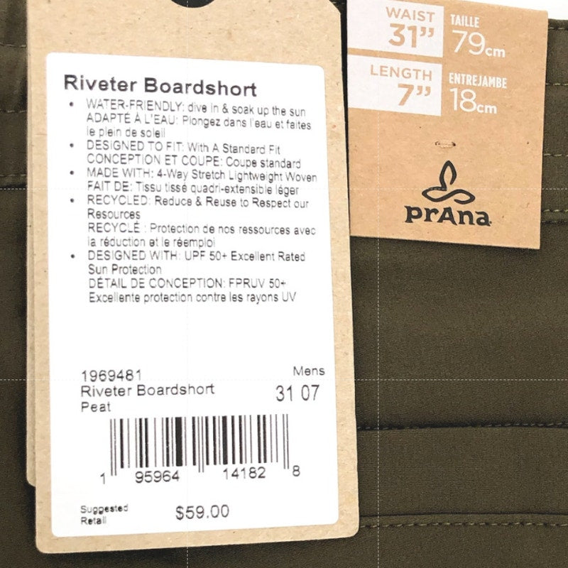 PRANA Men's Riveter Board Shorts Size 31 Peat Green 7" Inseam UPF 50+ NWT