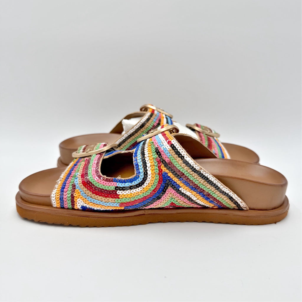 Steve Madden Womens Tourist Footbed Sandals Size 7.5 Multicolor Sequins NIB