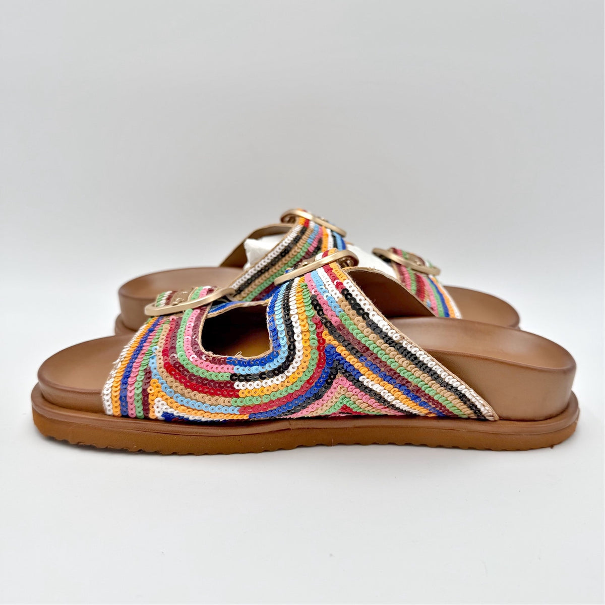 Steve Madden Womens Tourist Footbed Sandals Size 7.5 Multicolor Sequins NIB