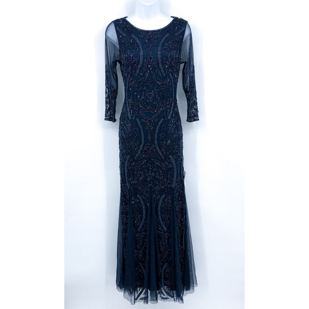 PISARRO NIGHTS Sequin Beaded Illusion Gown Size 2 Navy Blue Maxi Dress NWT